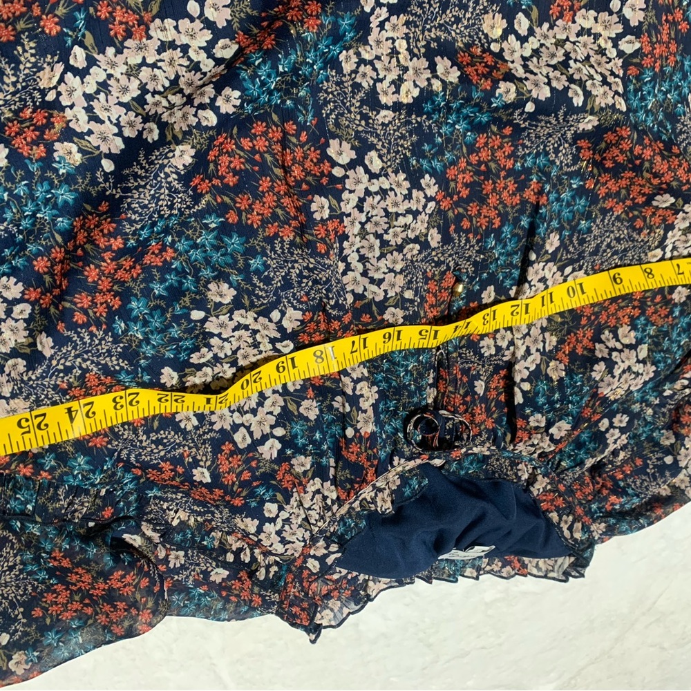 Wonderly Navy Floral Blouse with Orange and Cream Accents Ruffle Sleeves! - Picture 9 of 14